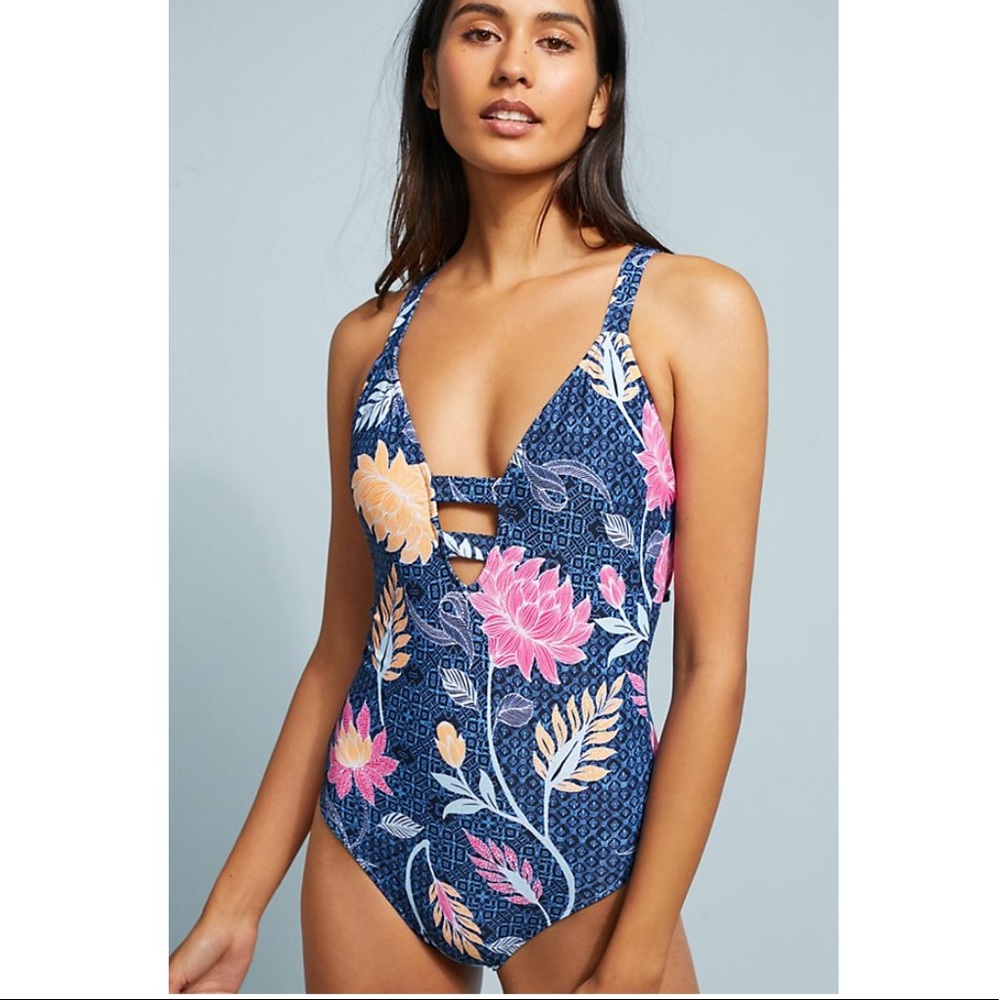 NWOT SEAFOLLY Active Blue Floral Deep V-Neck One-Piece Swimsuit